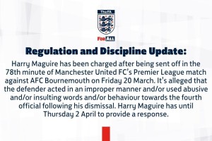 开云官网-官方：因对阵樱桃染红后对四官行为不当，马奎尔被英足总指控